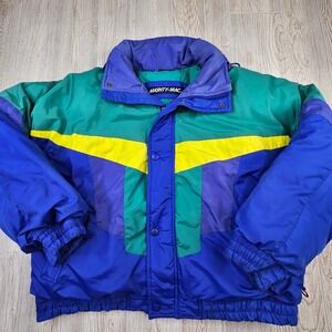 Vintage Mighty-Mac Norsac Duck Down Puffer Jacket Blue Green Yellow Mens Large